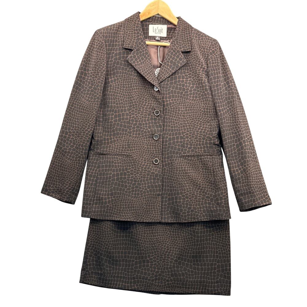 Le Suit Petite Brown Black Animal Print Professional Skirt Suit Set Women 10P